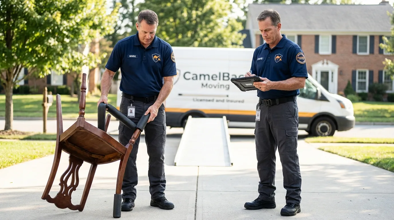Movers inspecting furniture for damage prevention before loading in Willingboro, NJ